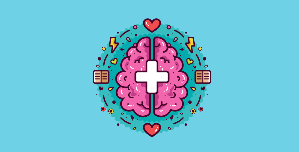 Image of a brain under a plus sign surrounded by electrons