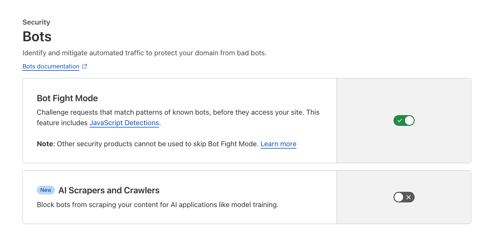 An image of the Bot Fight Mode and AI Scrapers and Crawlers configuration toggles on Cloudflare's Security dashboard