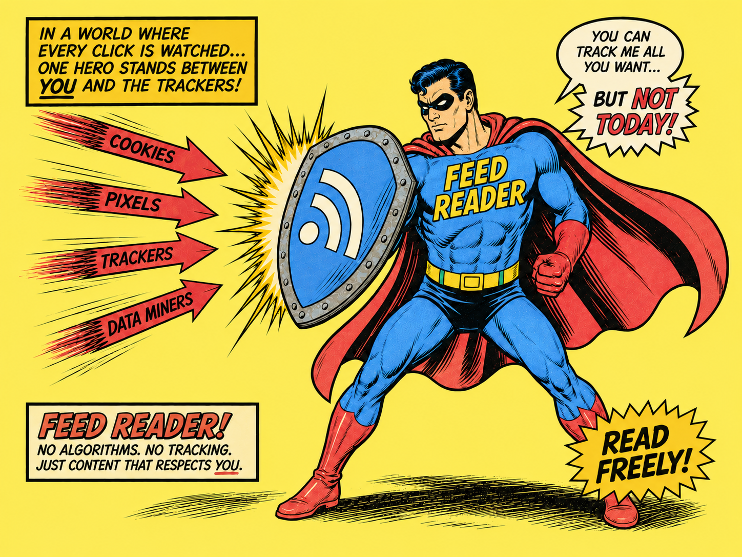 A Feed Reader superhero holding an RSS shield to block incoming arrows labeled Cookies, Pixels, Trackers, and Data Miners with speech bubbles that emphasize resisting tracking, while bold captions promote private, algorithm-free reading