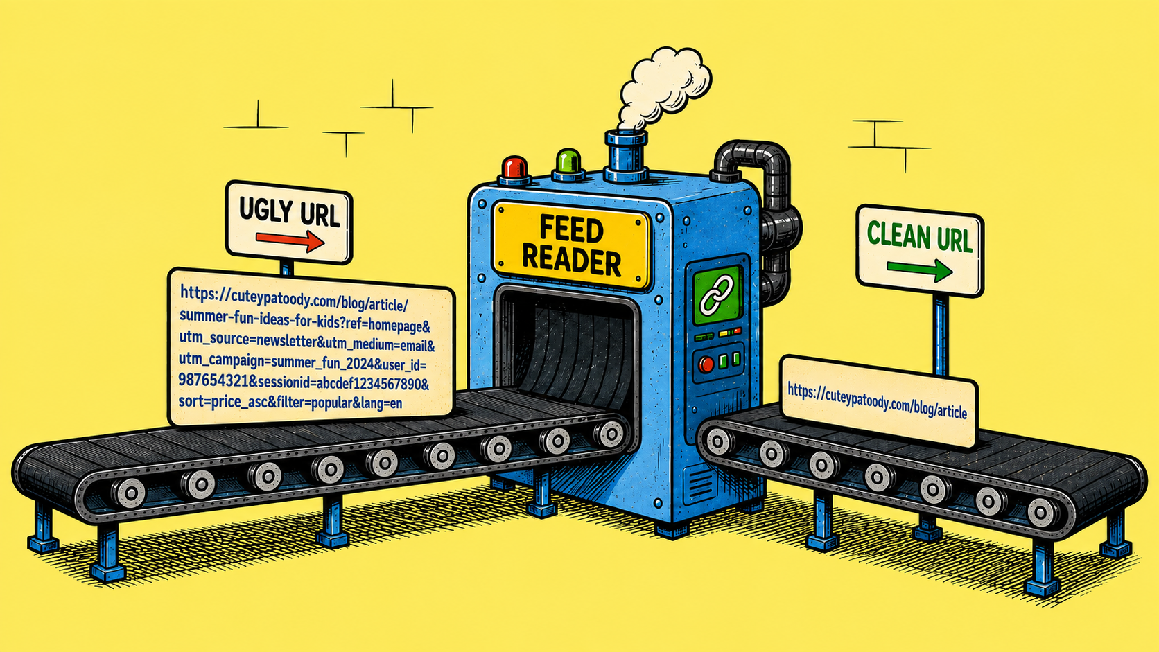A blue Feed Reader machine cleaning an ugly, long URL filled with trackers by carrying it through a conveyor belt for a shorter, cleaner URL that exits on the other side