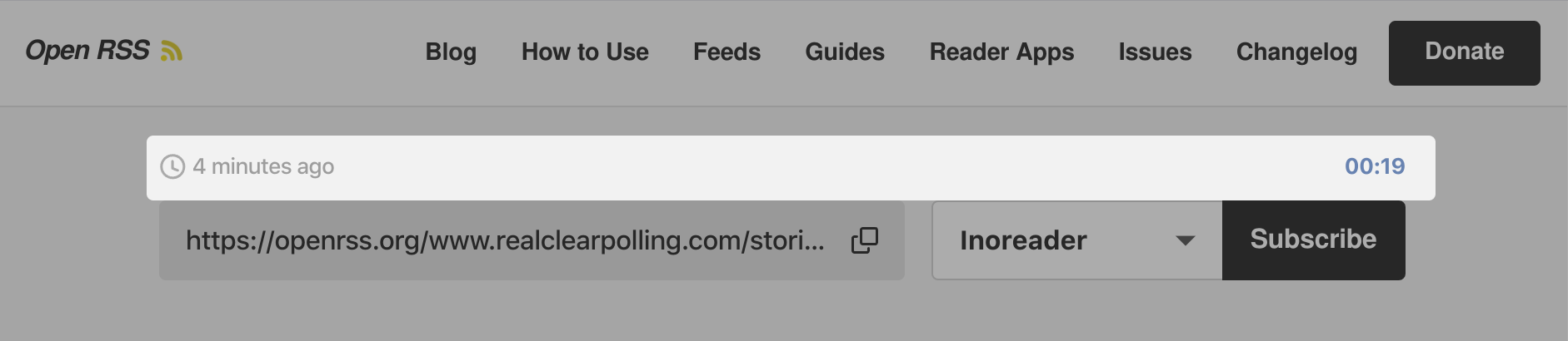 Screenshot of an Open RSS feed preview page that emphasizes a status bar showing the last time the feed was checked for content was 4 minutes ago (on the left) and that it will check for new content again in 19 seconds (on the right)