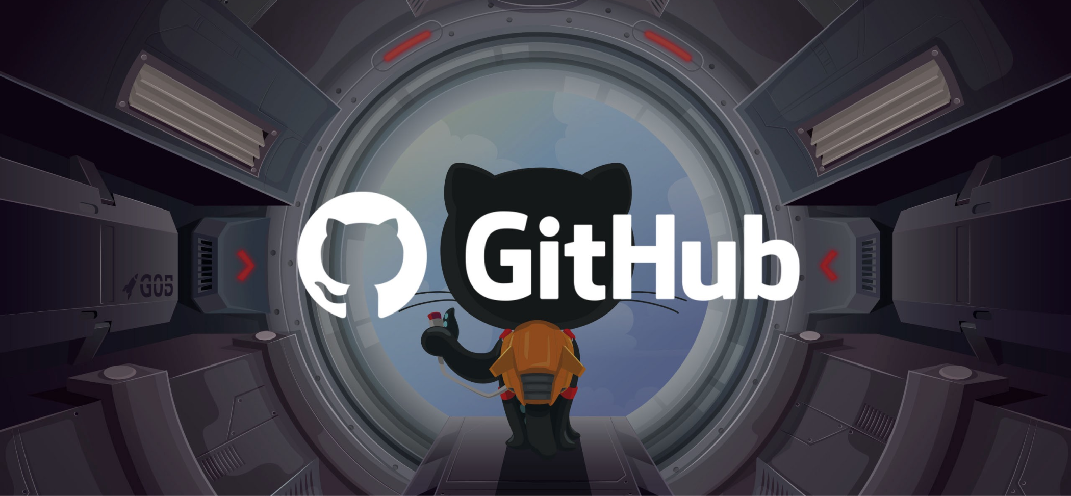 Image of GitHub mascot flying a spaceship behind the GitHub logo