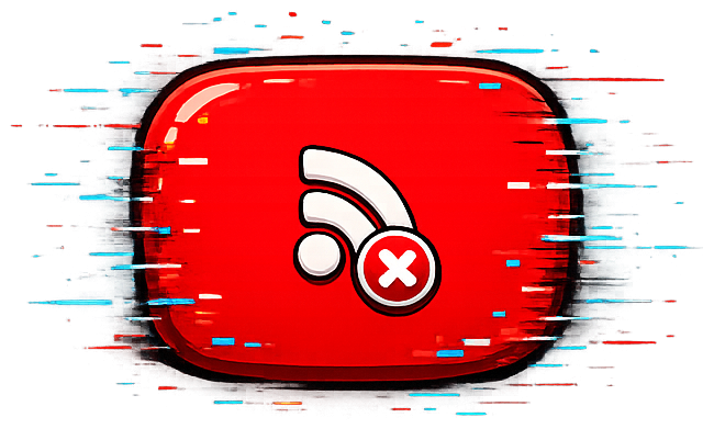 Cartoon-style red YouTube-like button with a broken feed icon and X button indicating an error and surrounded by glitch effects