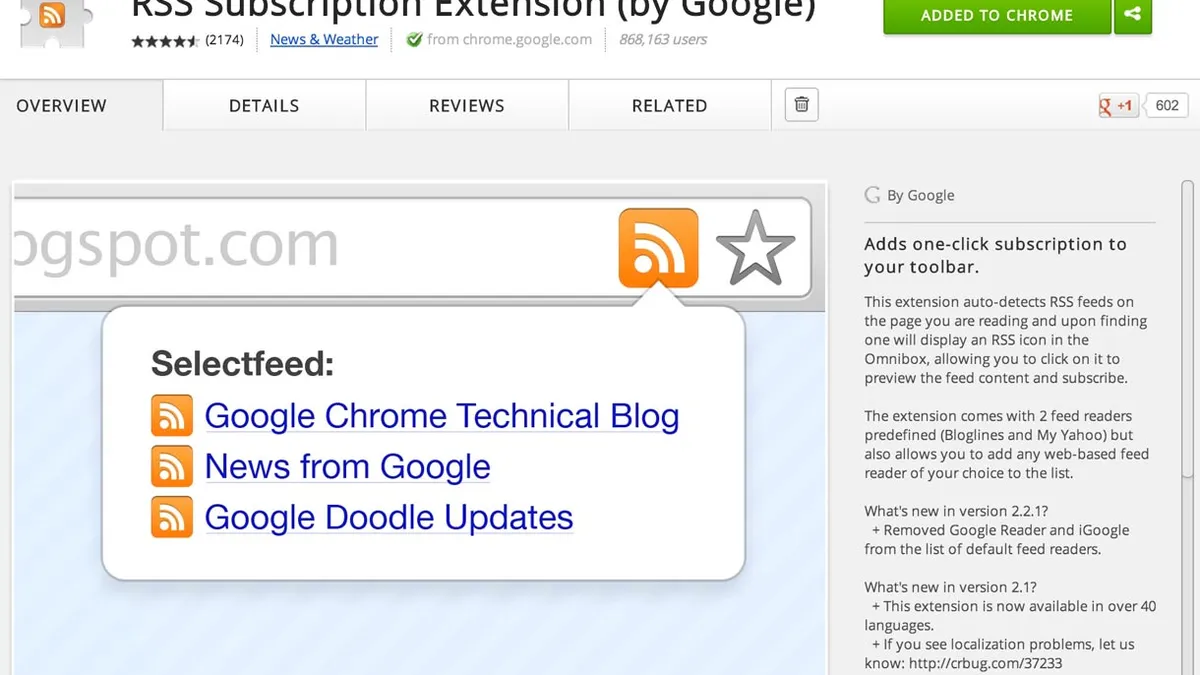 Chrome Web Store showing Google's RSS browser extension