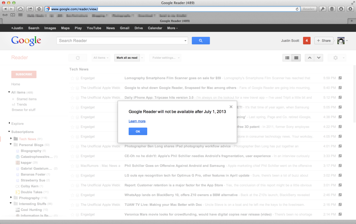 A screenshot of Google Reader dashboard showing a modal that says Google Reader will not be available after July 1, 2013