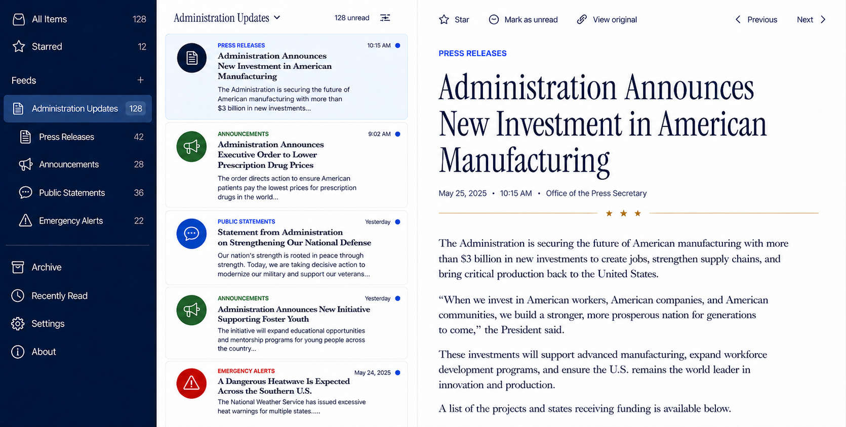A feed reader displaying government press releases, announcements, and emergency alerts as feed items