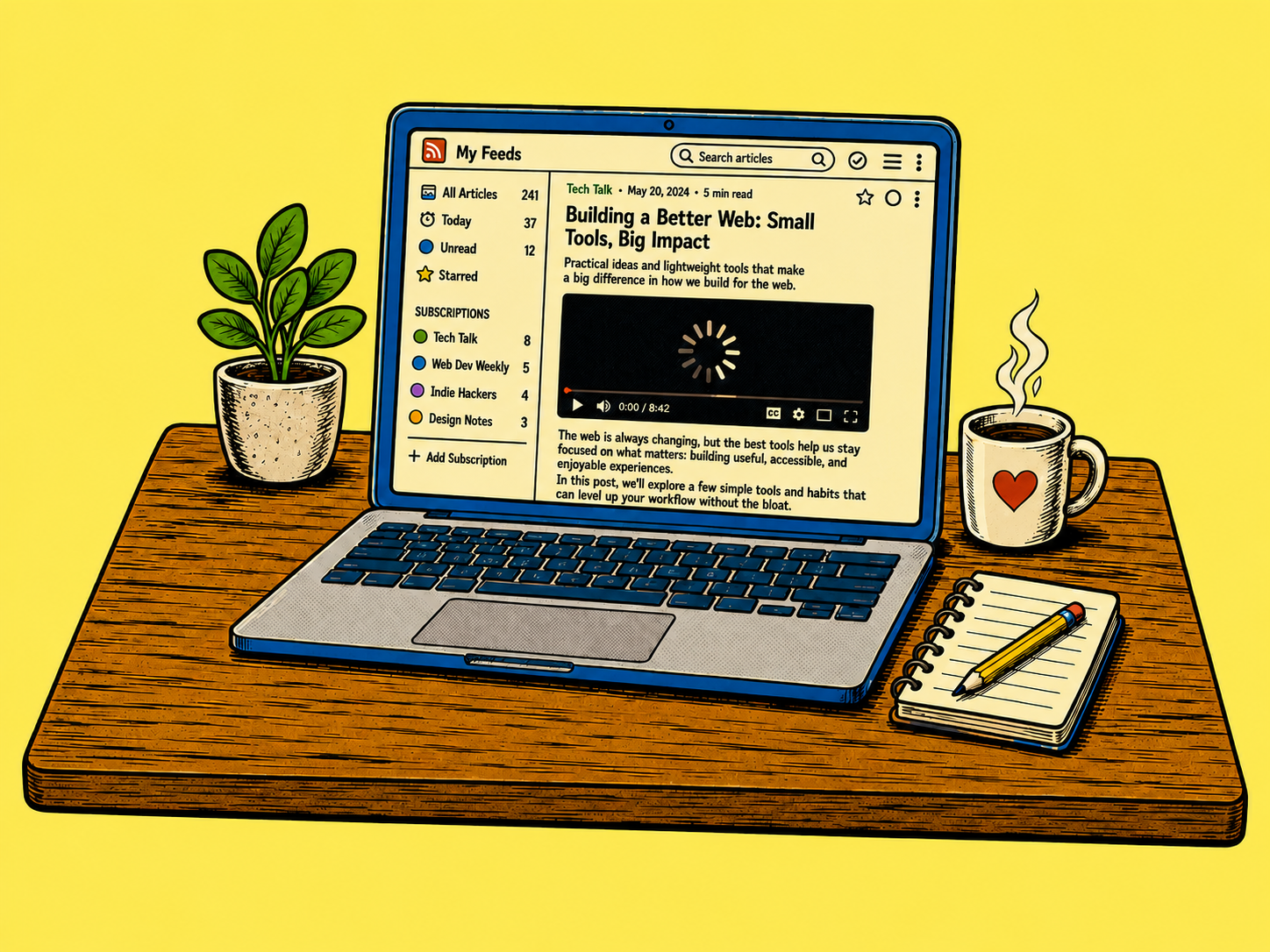 An RSS feed reader open on a laptop sitting on a wooden desk showing a screen with a feed article on it that shows a video loading, while a potted plant, steaming mug, notebook, and pencil surround the laptop