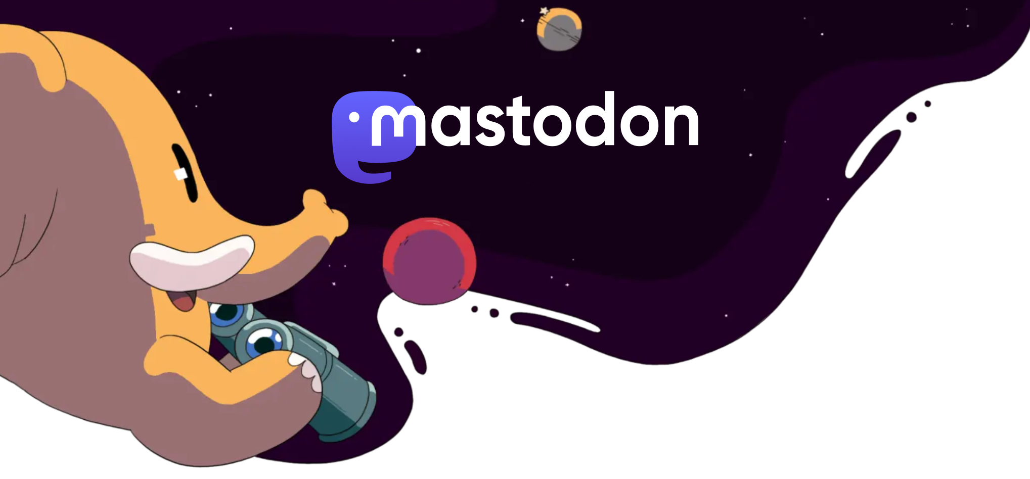 Image of Mastodon's mascot looking at a planet in space through binoculars