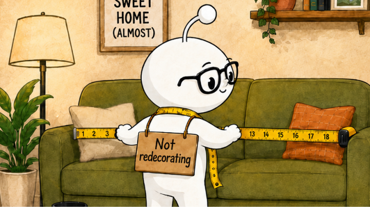 A cute white alien-like mascot with glasses measures the width of a green couch in a cozy living room, with a tape measure around its neck and a sign that reads 'Not redecorating'.