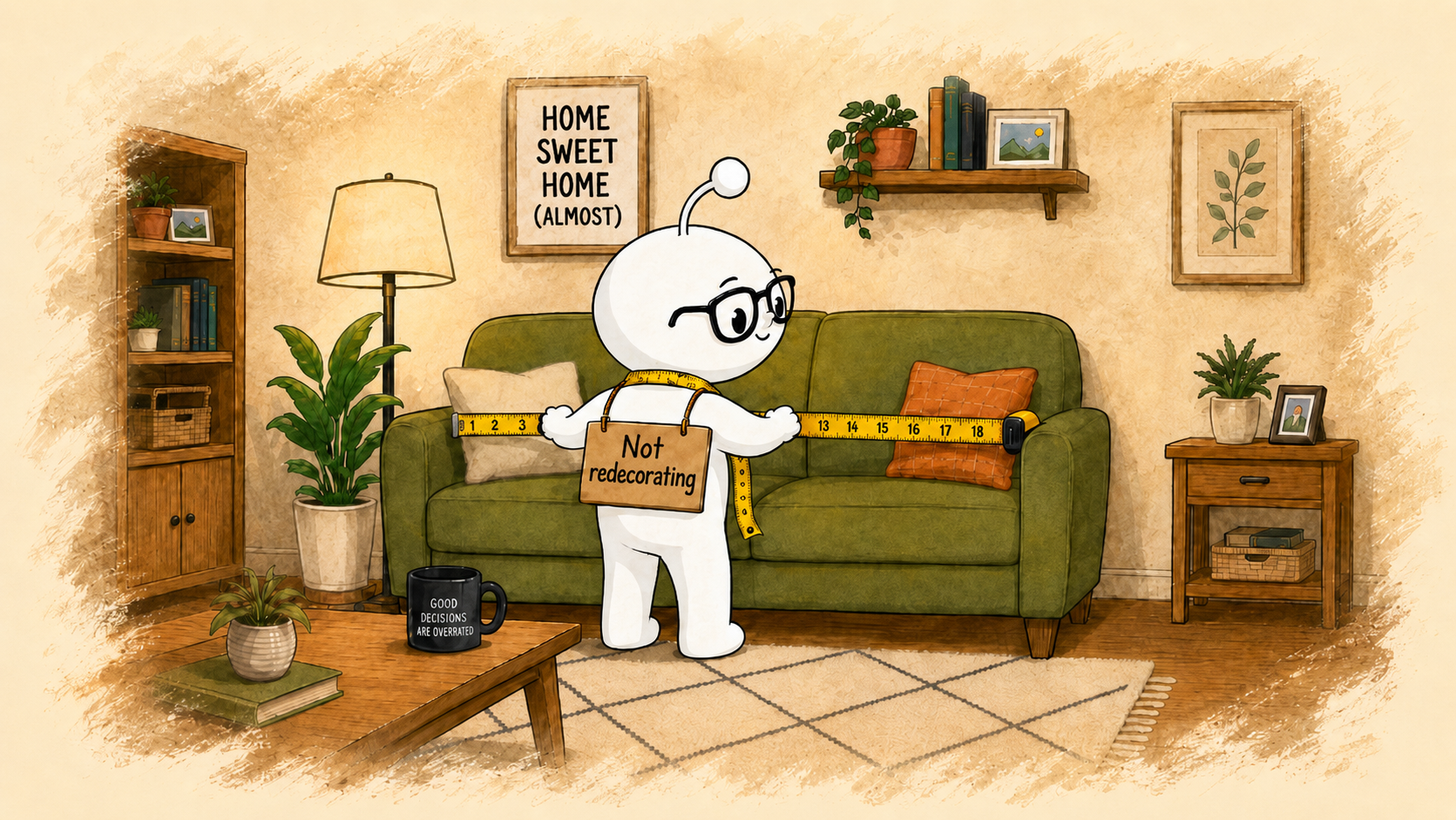 A cute white alien-like mascot with glasses measures the width of a green couch in a cozy living room, with a tape measure around its neck and a sign that reads 'Not redecorating'.