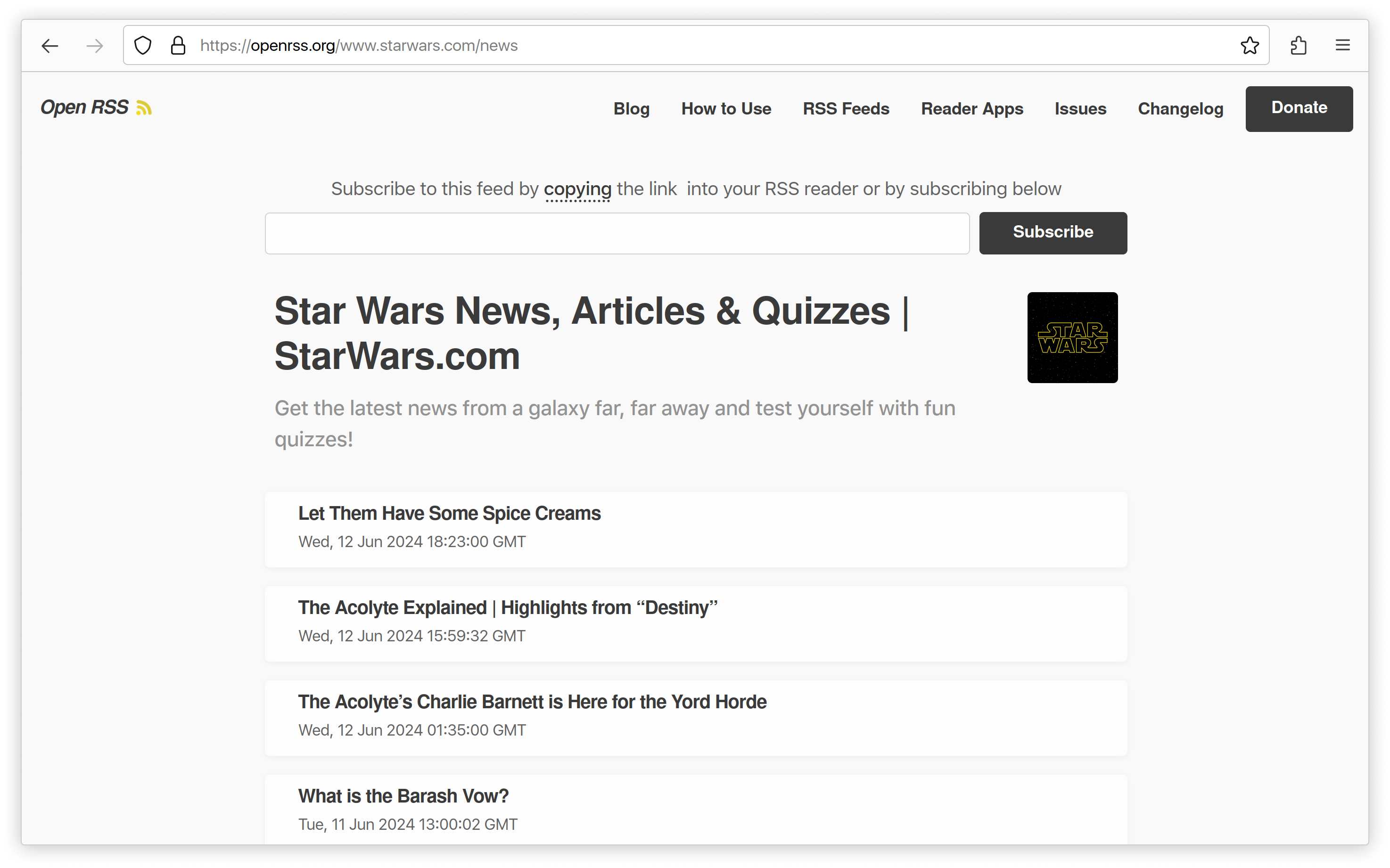 An image showing the preview page of the Open RSS feed for the Star Wars News website with the RSS reader dropdown, next to a button to subscribe to the RSS feed