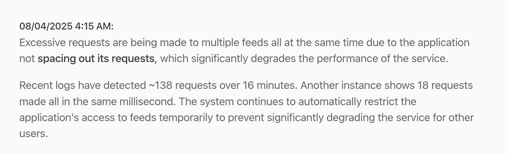 A screenshot of an example log entry on the Open RSS Issues page
