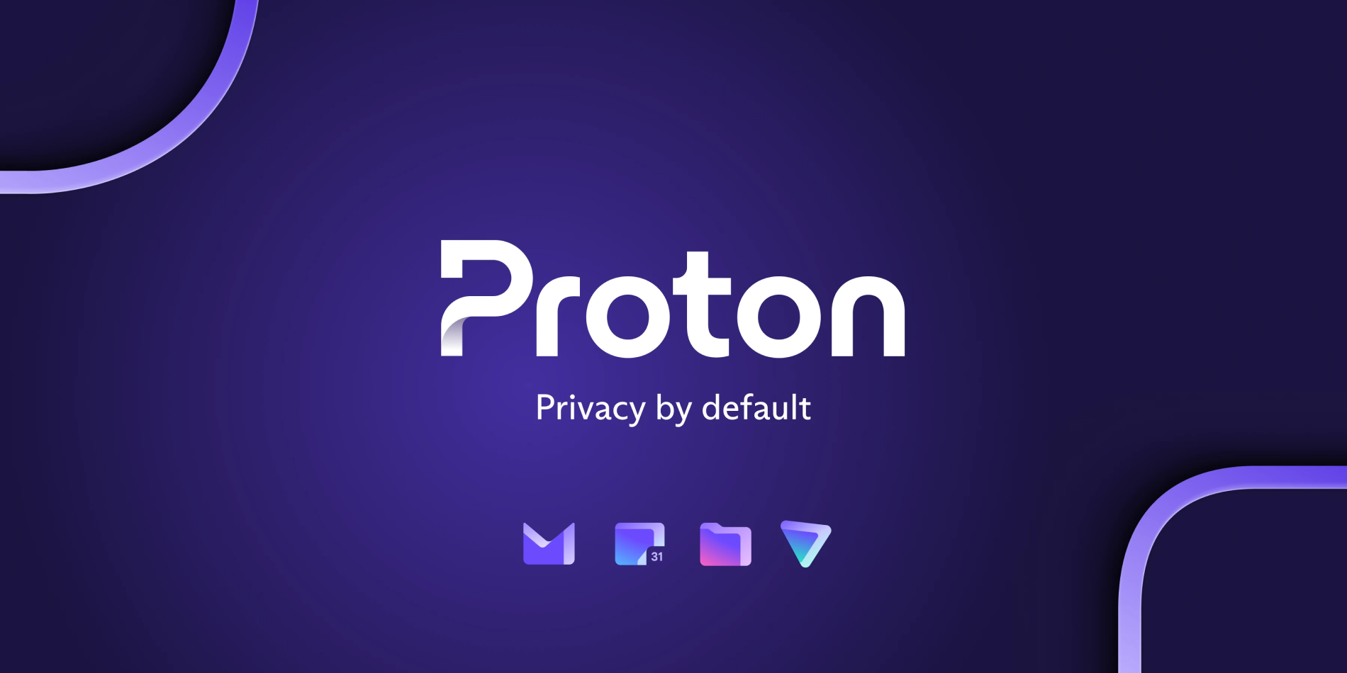 Graphic showing Proton's logo on top of the words Privacy by default, all in front of a purple gradient background