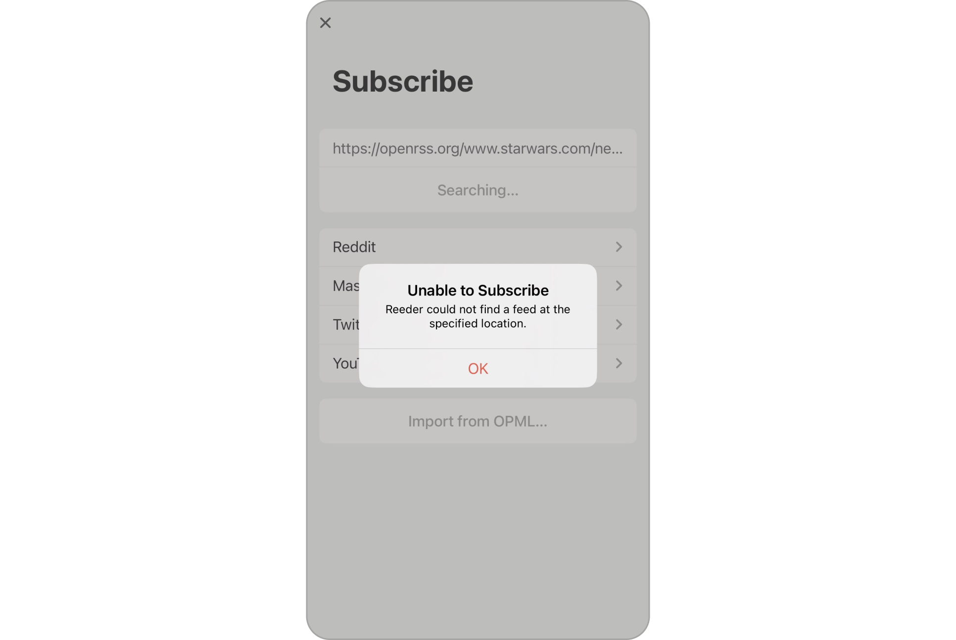 A screenshot of the error shown in the Reeder app on iOS