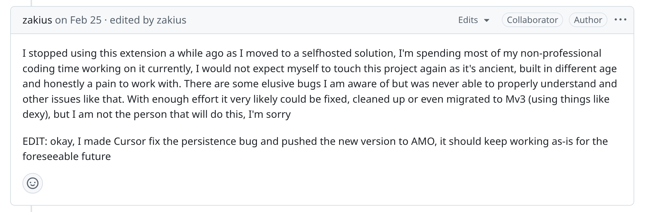 Screenshot of the maintainer's comment announcing that SmartRSS will no longer be maintained