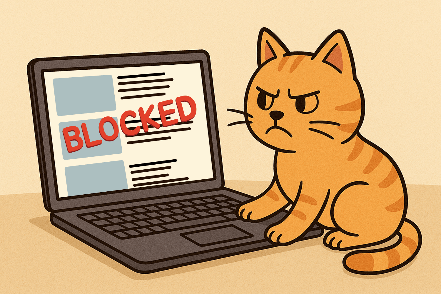Image of a cute orange cat with a mad face showing frustration because the feed showing on its laptop is blocked