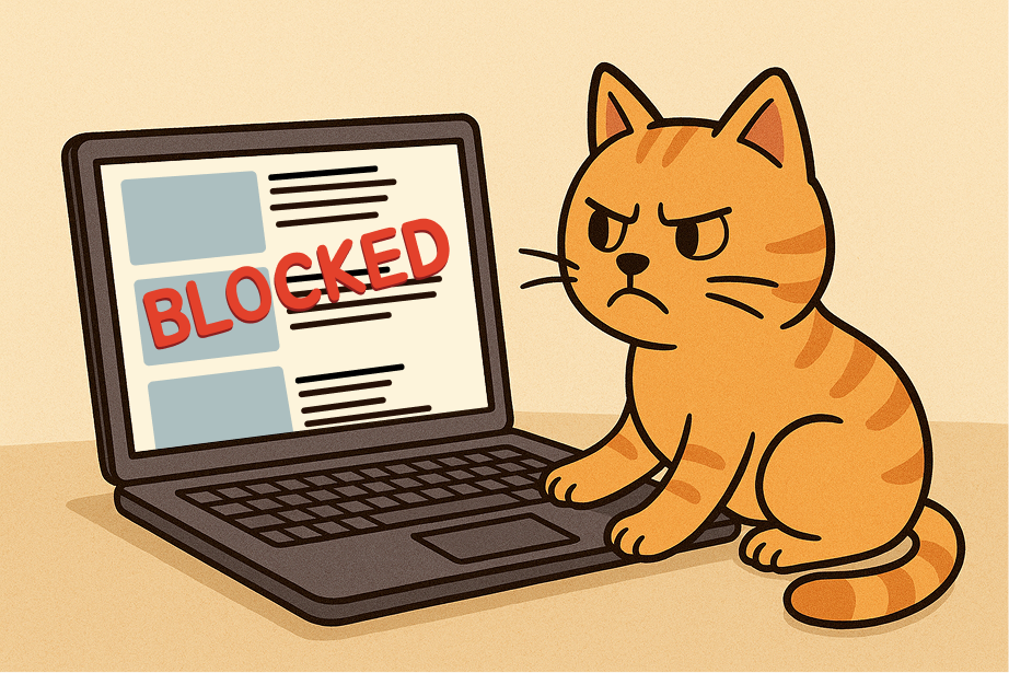 Image of a cute orange cat with a mad face showing frustration because the feed showing on its laptop is blocked