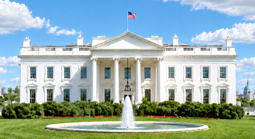 Illustration of the White House with speech bubbles branching out into social media platform icons, each covered by a padlock