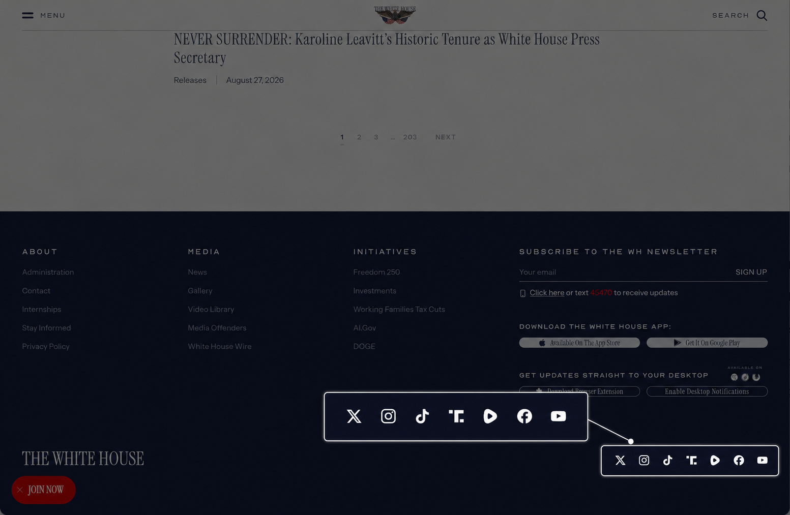 Screenshot of whitehouse.gov's footer showing prominent links to its social media accounts