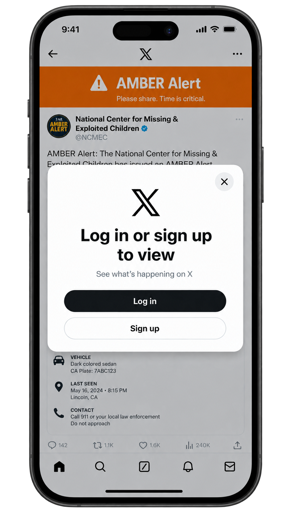 Mock phone screen showing an X login modal covering the details of an AMBER Alert